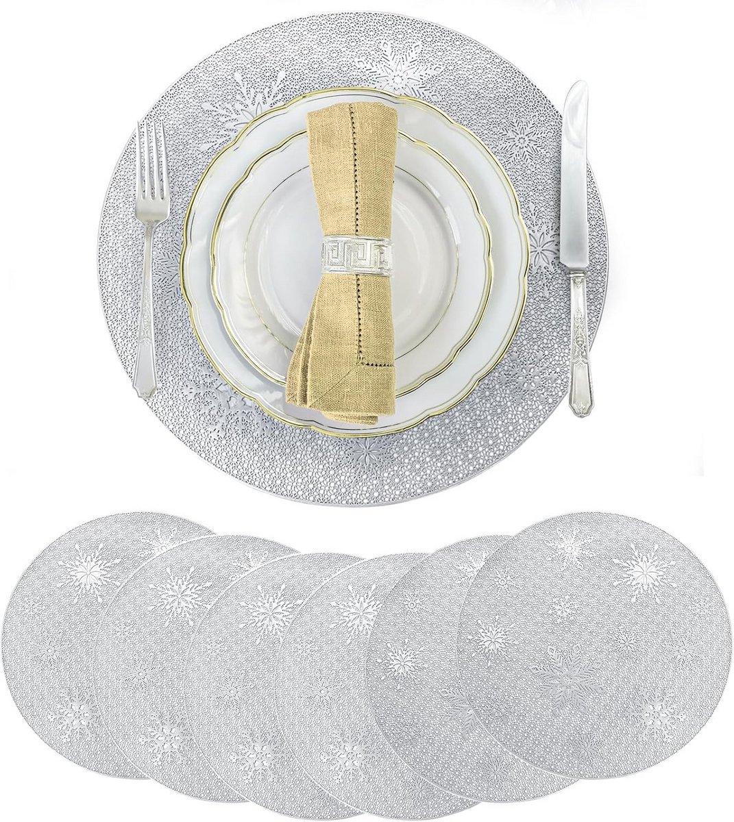 6 Ronde Kerstplacemats PVC met Sneeuwvlokken, Hittebestendig en Afwasbaar