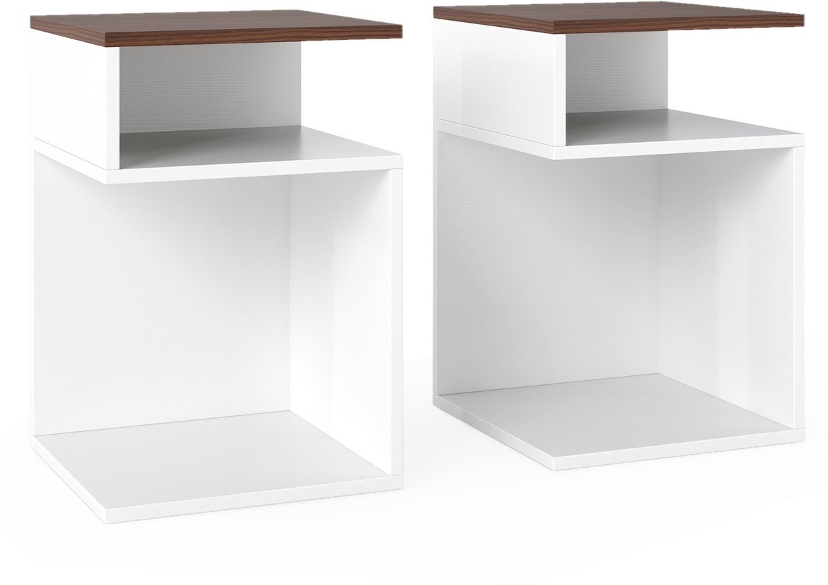 Costway Bijzettafel hout set van 2, 3 niveaus banktafel, nachtkastje, modern, voor woonkamer en slaapkamer, 33 x 33 x 50 cm (wit + walnoot) Wit +Walnoot