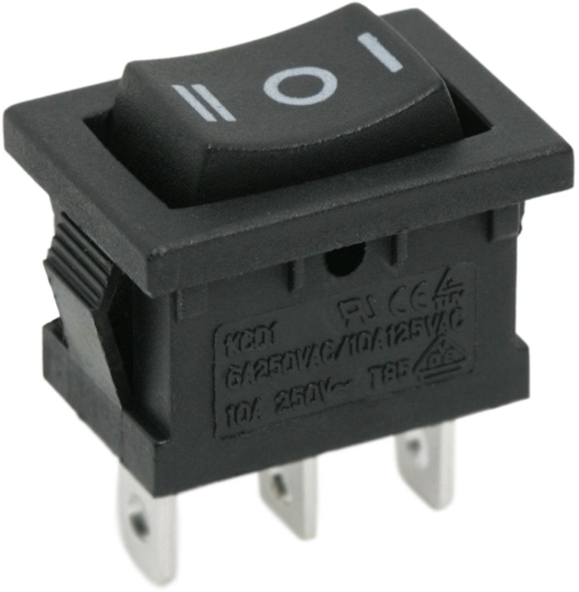 5x Wipschakelaar SPDT ON-OFF-ON - 3 Standen Rocker Switch 250VAC 6A - Inbouw Schakelaar Met Middenstand Open - I-O-II Markering - Zwarte Schakelaar Voor Bedieningspanelen - Inbouwmaat 19,5x13mm - Verkoopeenheid 5 Stuks [09084]
