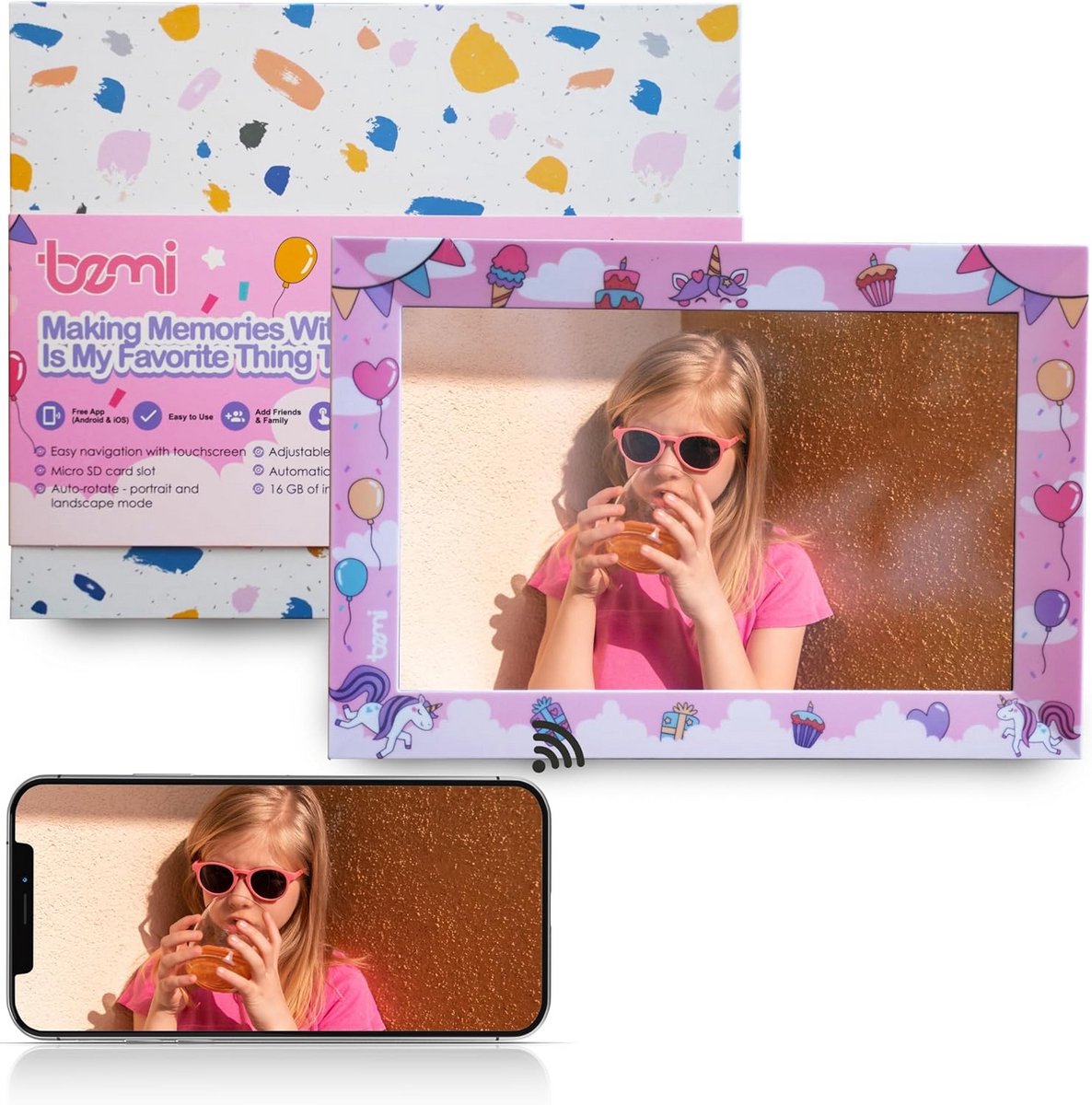 Digitale Fotolijst 10,1 Inch Smart WiFi Kids Roze 1280x800 IPS LCD Touchscreen 16GB Geheugen Frameo App