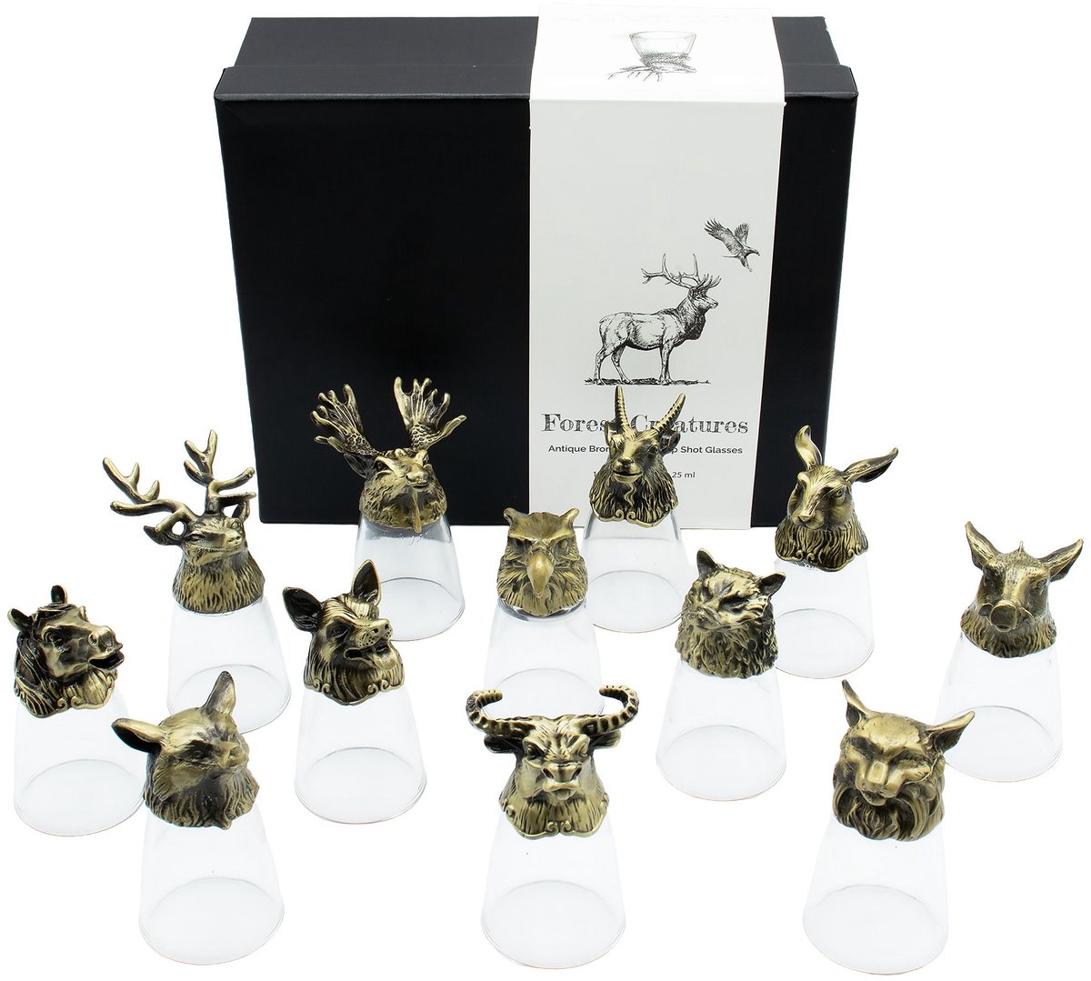 Shotglazen 25ml - Set 12 stuks in geschenkdoos - Forest Creatures Bos en Mystieke Wezens - Handgemaakt Glas - Messing Sculpturen - Luxe Geschenkdoos