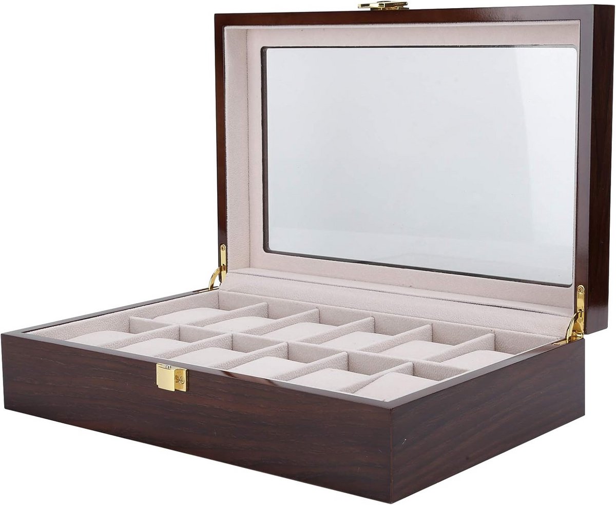 Horlogedoos voor 12 horloges, hout met glazen deksel, fluwelen voering, luxe opbergbox voor horloges