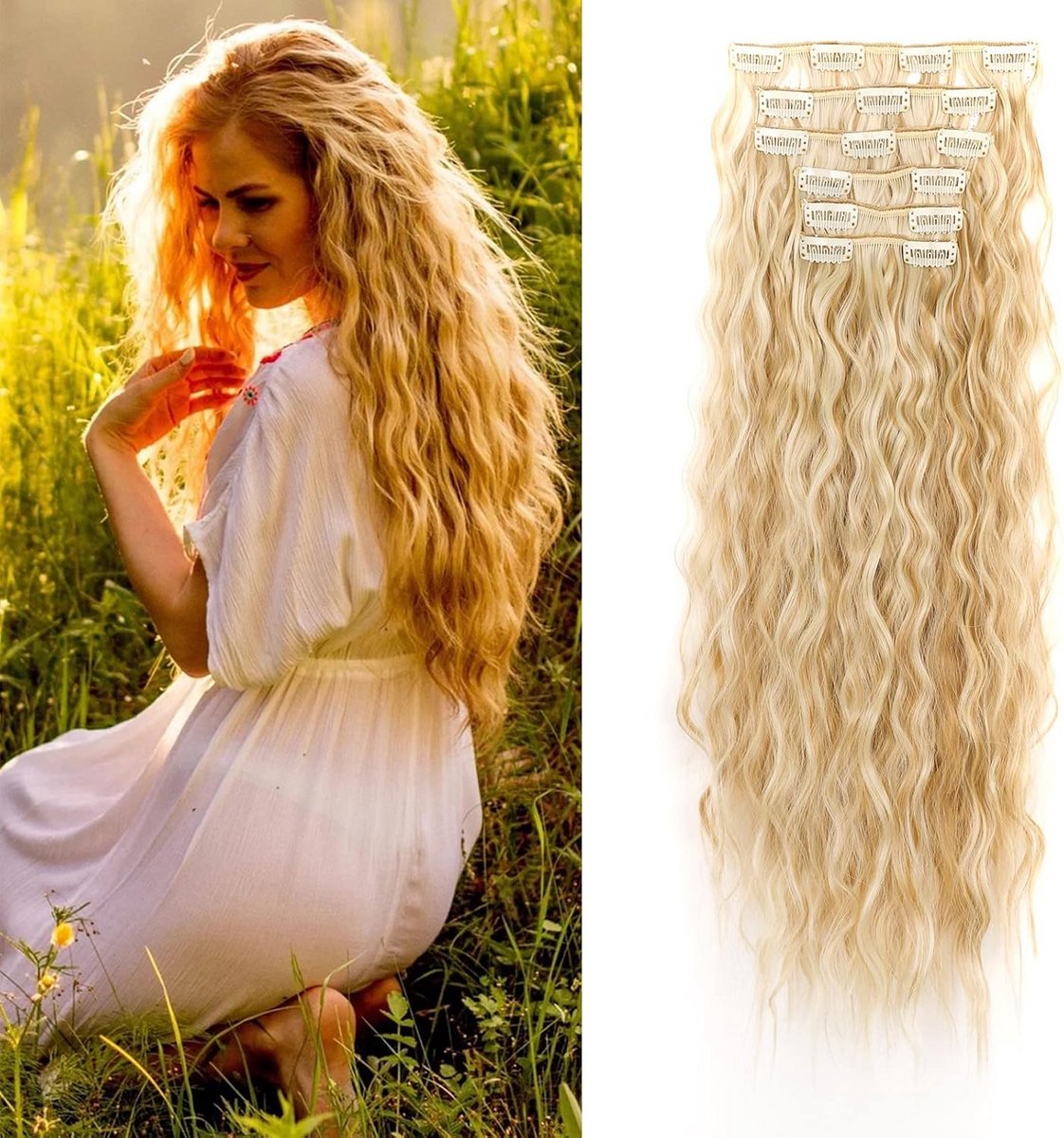 Haarverlenging Clip-in Extensions 50 cm Synthetisch Haar Golvend en Krullend Blond