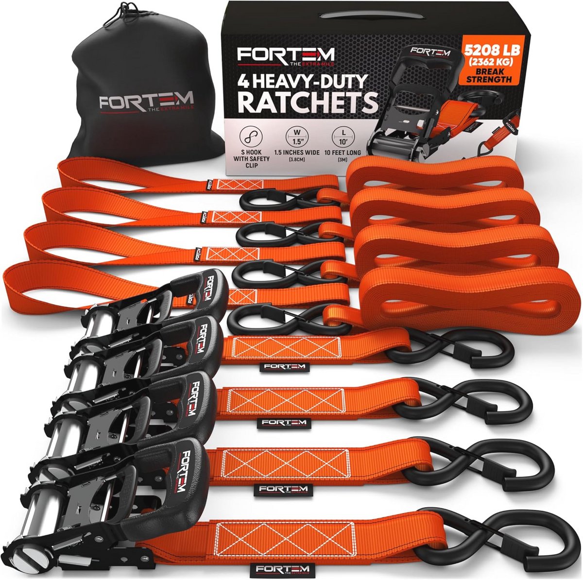 Zware Ratelspanbanden met Rubber Beklede Handgrepen en Kunststof Haken - 2362 KG Breeksterkte, 3M Lange Banden, 4 Stuks met Draagtas