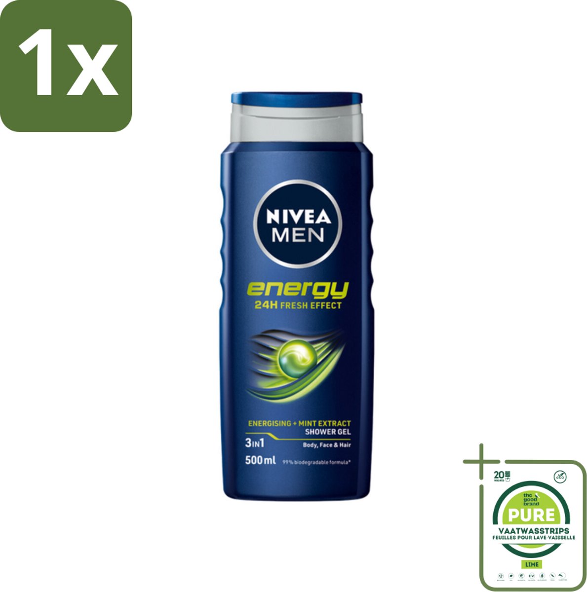 1 x NIVEA MEN - Douchegel - Energy - 500 ml - Douchegel - Energie - Mintextract - Frisheid - Lichaam