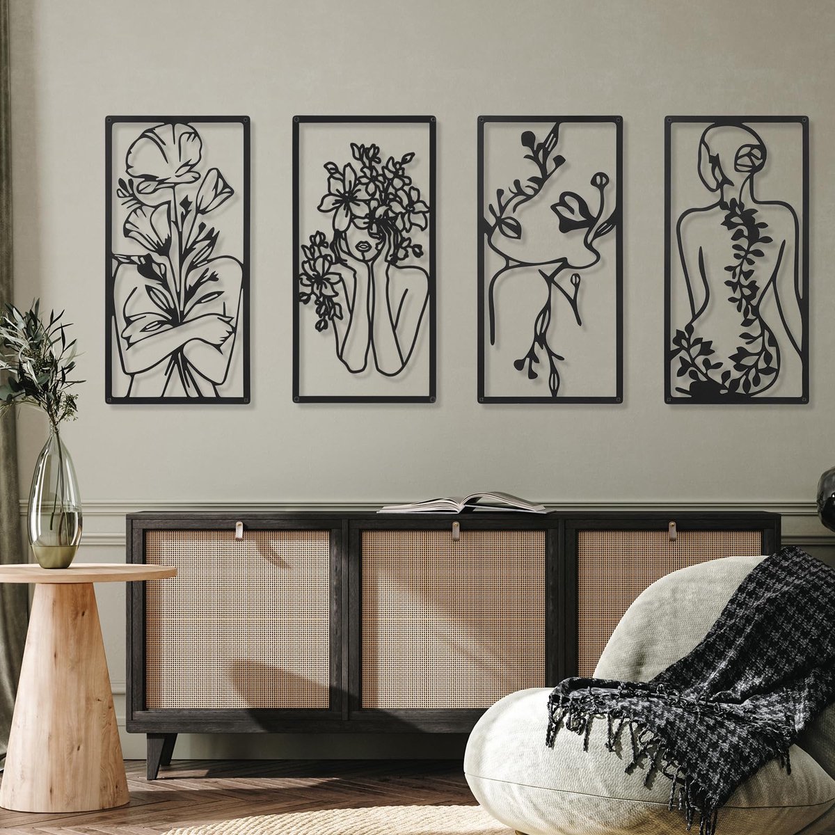Unyqoos Set van vier moderne metalen wanddecoraties met abstract vrouwelijk design black