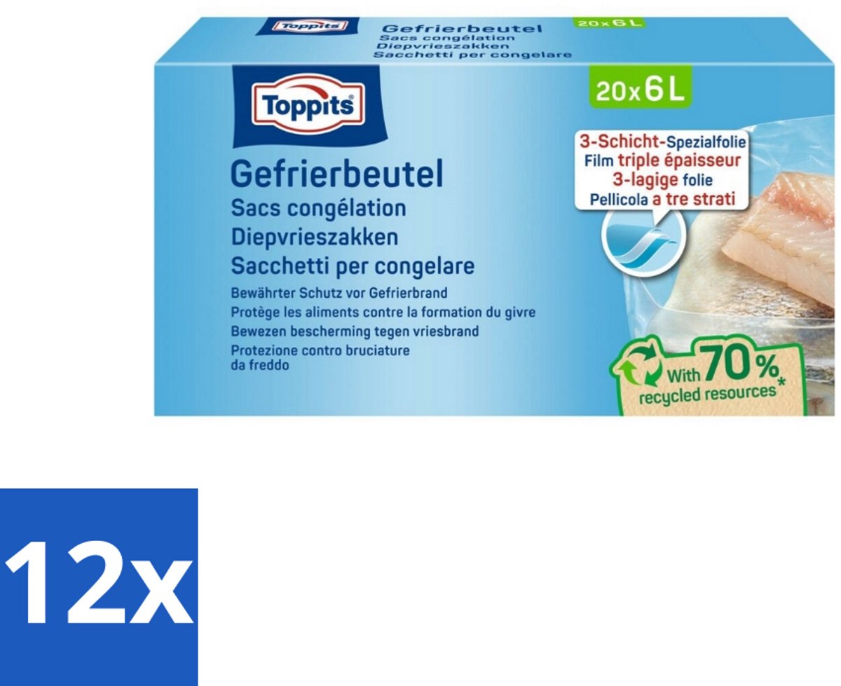 Toppits – Diepvrieszakken – 6 Liter – 20 Zakjes - Voordeelverpakking - 12 stuks