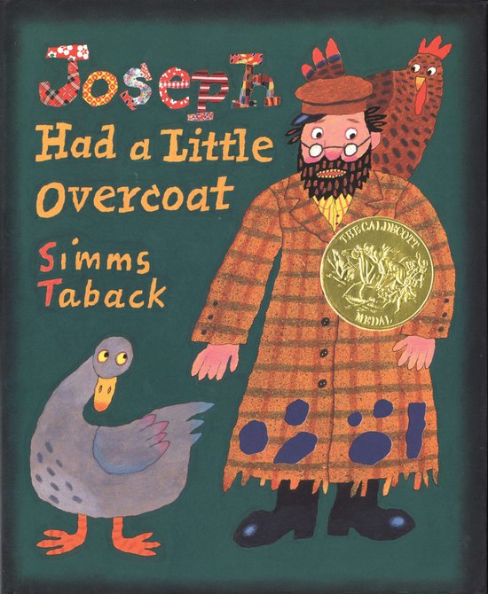 Couverture du livre 'Joseph Had a Little Overcoat' avec un homme en manteau à carreaux, une oie et une poule.