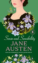 Boekcover: 'Sense and Sensibility' van Jane Austen, met een illustratie van een vrouw in een zwart jurkje omringd door paarse en gele bloemen, tegen een groene achtergrond.