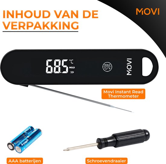 Zwarte Movi thermometer met AAA batterijen en schroevendraaier.