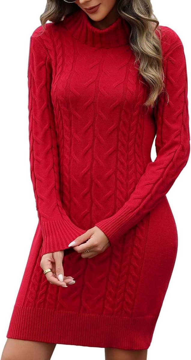 Elegante gebreide rolkraagjurk voor dames - Lange mouwen, warme winterjurk met vlechtpatroon