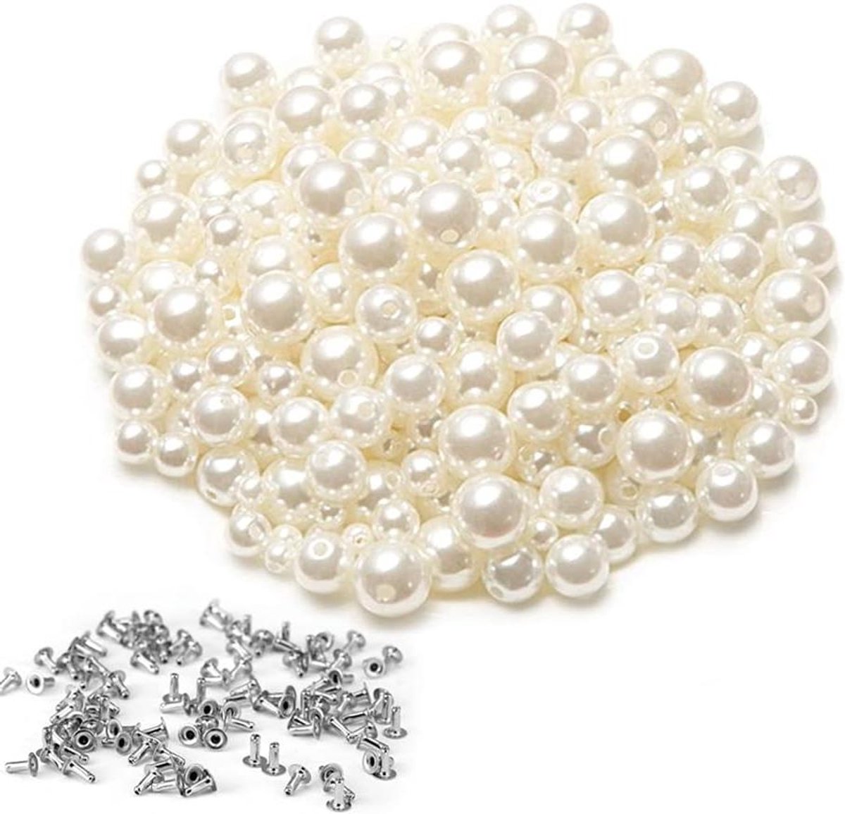 Allecta - DIY Kit Knopen Kralen Klinknagels Parel Set, 300 Stuks, ABS en Ijzer, Wit, Verschillende Maten