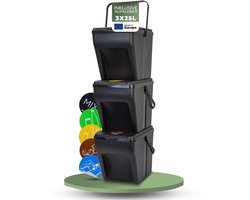 Novaliv Afvalscheidingssysteem Set - 3 x 25L Afvalbakken - 4 Vakken - Stapelbare Afvalscheidingssystemen - Recyclingbakken - Afvalscheidingssysteem - Afvalorganizer - Afvalsorteerder