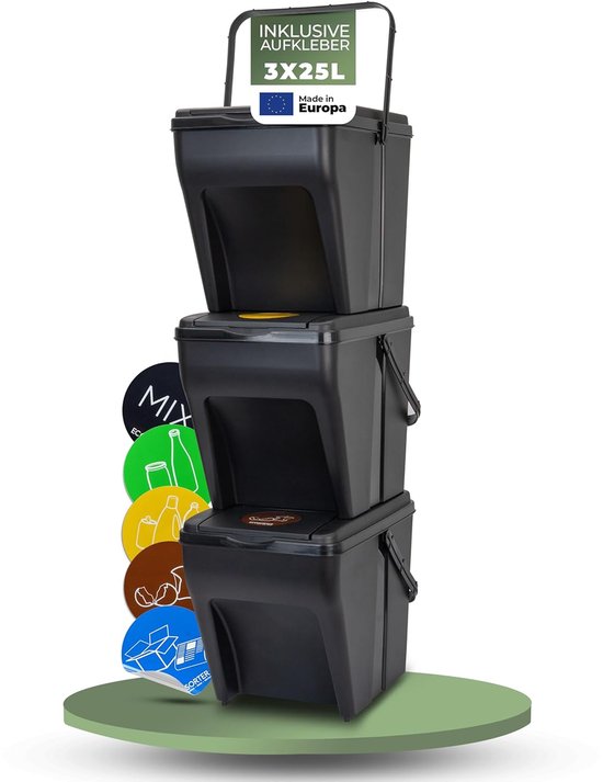 Bacs à déchets noirs empilables 3x25L avec autocollants pour le tri des déchets.
