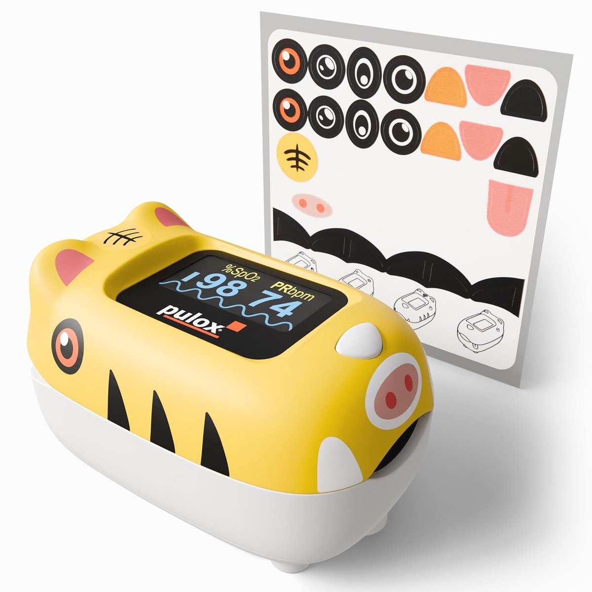 Kinderpulsoximeter voor Zuurstofsaturatie en Hartslag - Geel met Stickers
