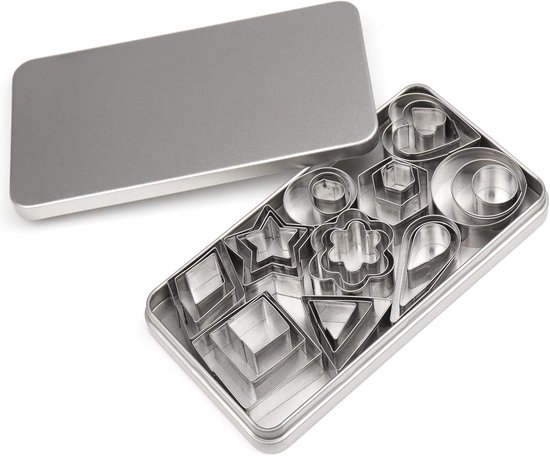 Set van 24 mini-uitsteekvormpjes, de 8 populairste vormen in 3 verschillende maten voor koekjes, glazuur, taartdecoratie, roestvrij staal, zilver, 24