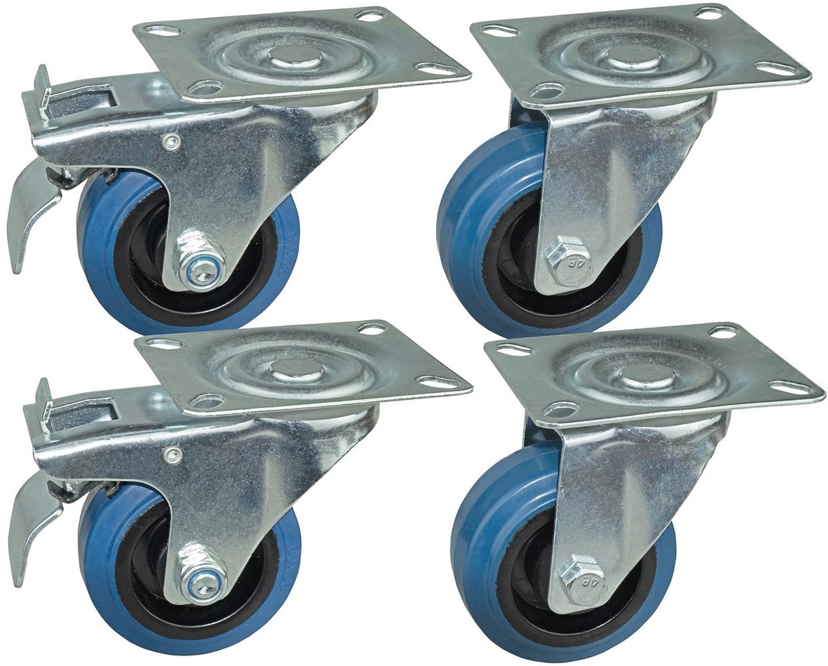 Transportwielen set van 4 - 80 mm, blauwe wielen met rem en hoge draagkracht