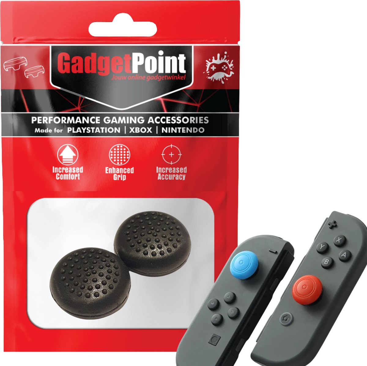 Gadgetpoint - Thumb Grips voor Nintendo Switch Joy-Con Controllers - Gaming Thumbgrips - Performance Anti-Slip Thumbsticks - Bescherming Accessoires - Thumbs Stippen - Zwart