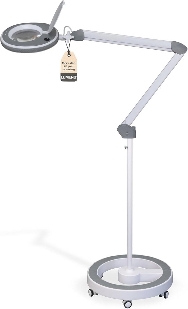 Lumeno 8215GR LED Magnifying Lamp Work Light Cosmetic Lamp, Adjustable Brightness, Crystal Clear 127mm Glass Lens, Reading Aid/Magnifier, 5 Diopter with Roller Stand