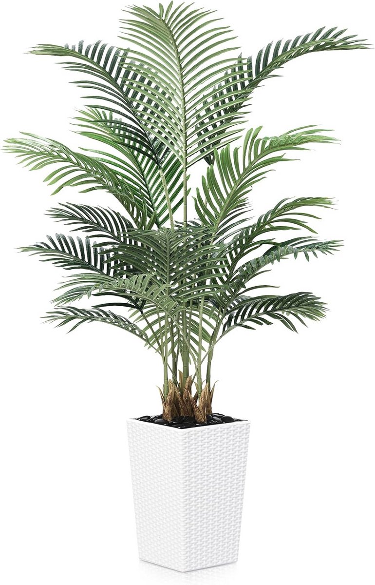 Kunstpalm met Witte Netpot - 150 cm - Decoratieve Kunstplanten voor Woonkamer, Balkon, Kantoor, Badkamer en Tuin - UV-bestendig en Inclusief Riviersteen
