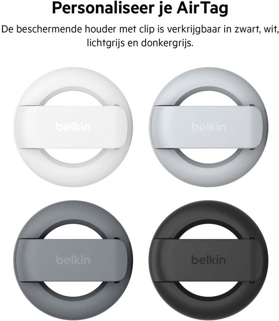 Vier Belkin AirTag houders in zwart, wit, lichtgrijs en donkergrijs
