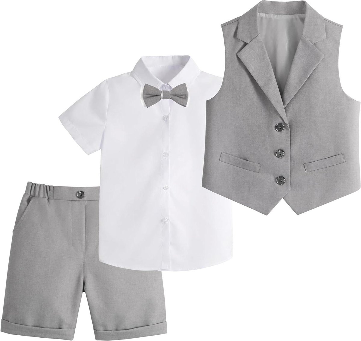 Allecta - Jongens feestkleding set met vest, shirt, vlinderdas en shorts - Grijs - 5-6 jaar