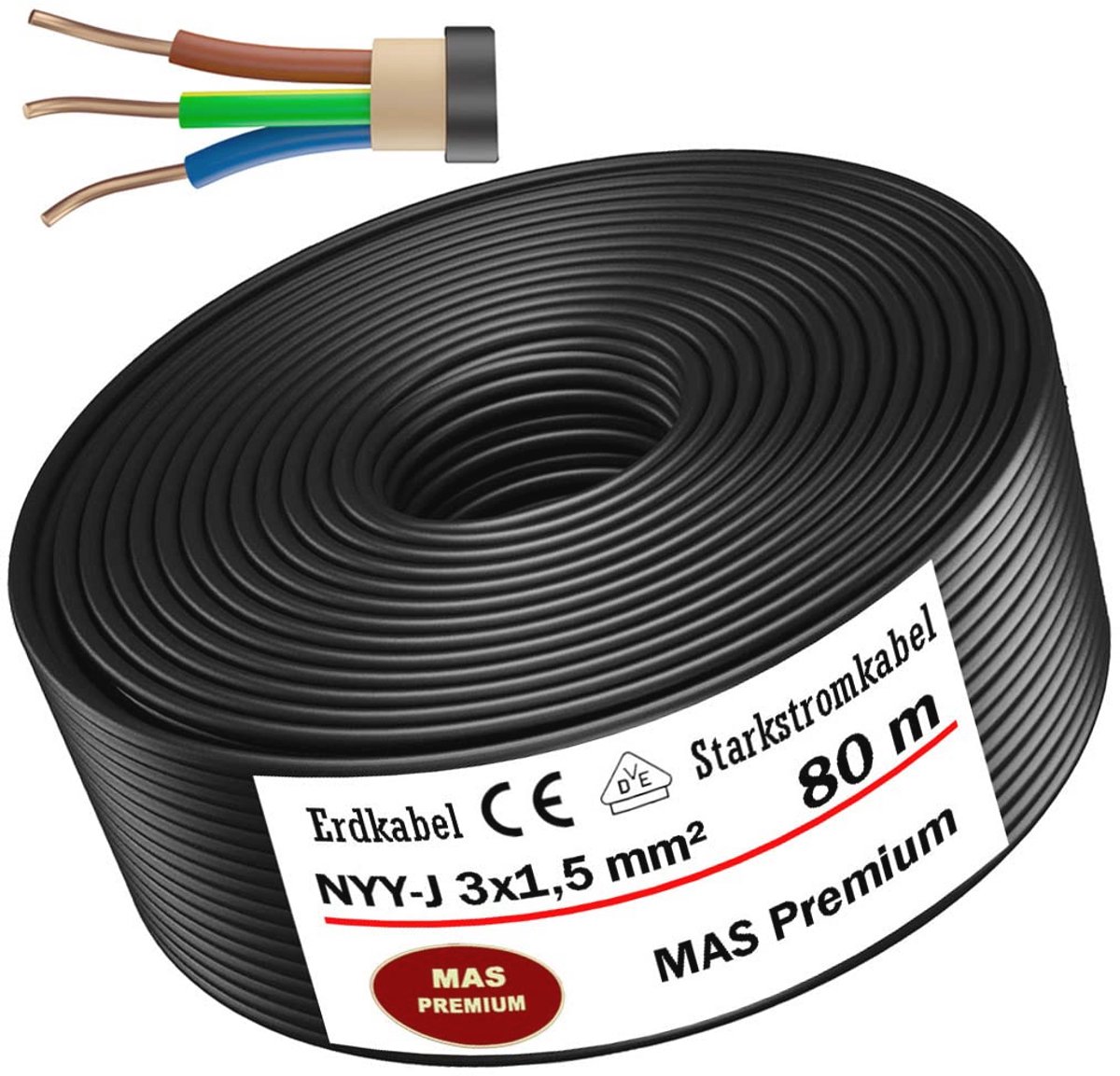Aardkabel Krachtstroomkabel 3x1,5 mm² voor Buiteninstallatie - Diverse Lengtes tot 170 m