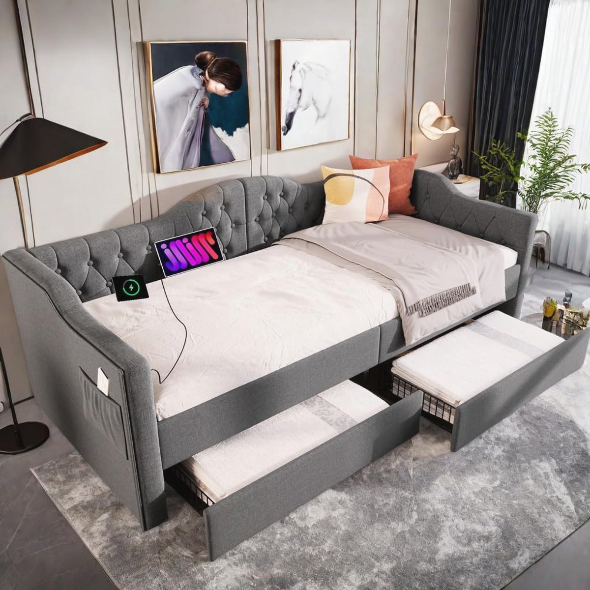 Eenpersoons bed 90x190 cm met slaapbank en lade, gestoffeerd bed met USB-C oplaadfunctie in grijs linnen