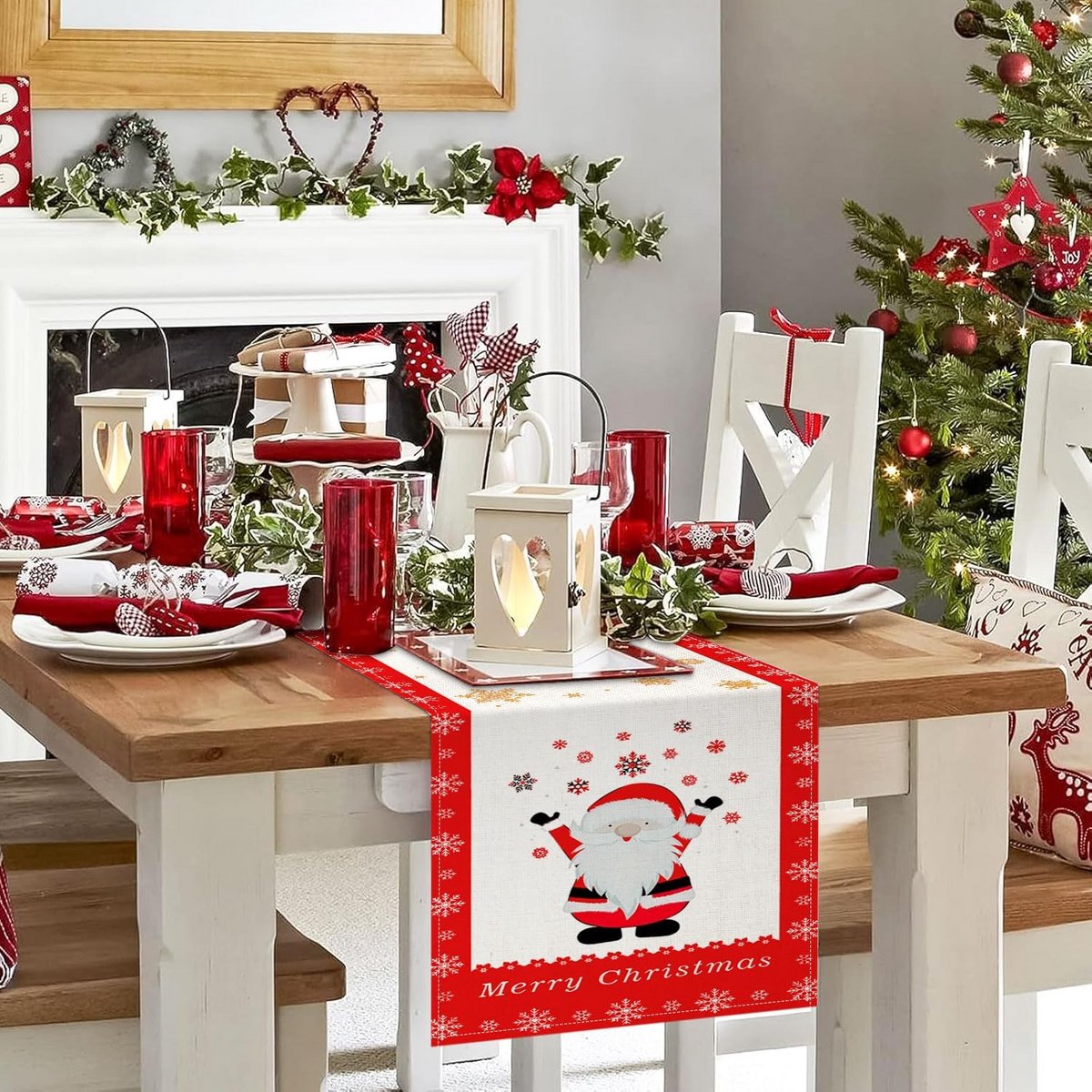 Tafelrunner Kerst Tafelkleed Modern Sneeuwvlok & Kerstman 40x140 cm Rood/Wit Decoratie