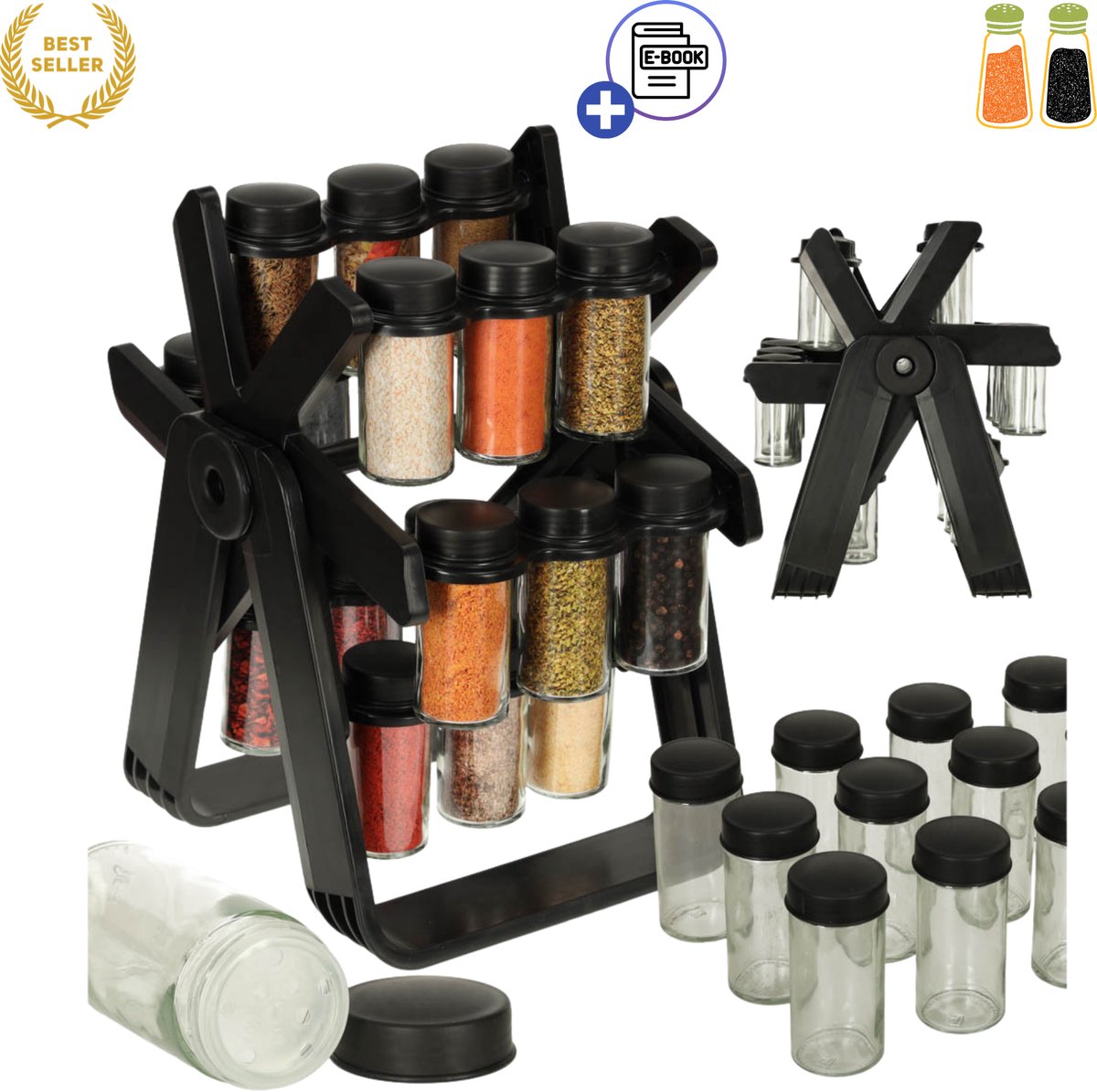 IKONKA Draaibare kruidenmolen organizer met 18 glazen potjes matte zwarte kruidenhouder draaicarrousel voor keuken aanrecht ruimtebesparend overzichtelijk eenvoudig doseren modern design duurzaam en voedselveilig voor dagelijks gebruik Met Ebook