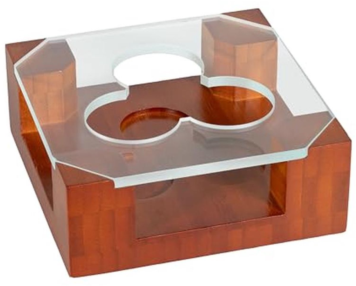 Theewarmer voor theepotten van hout en glas