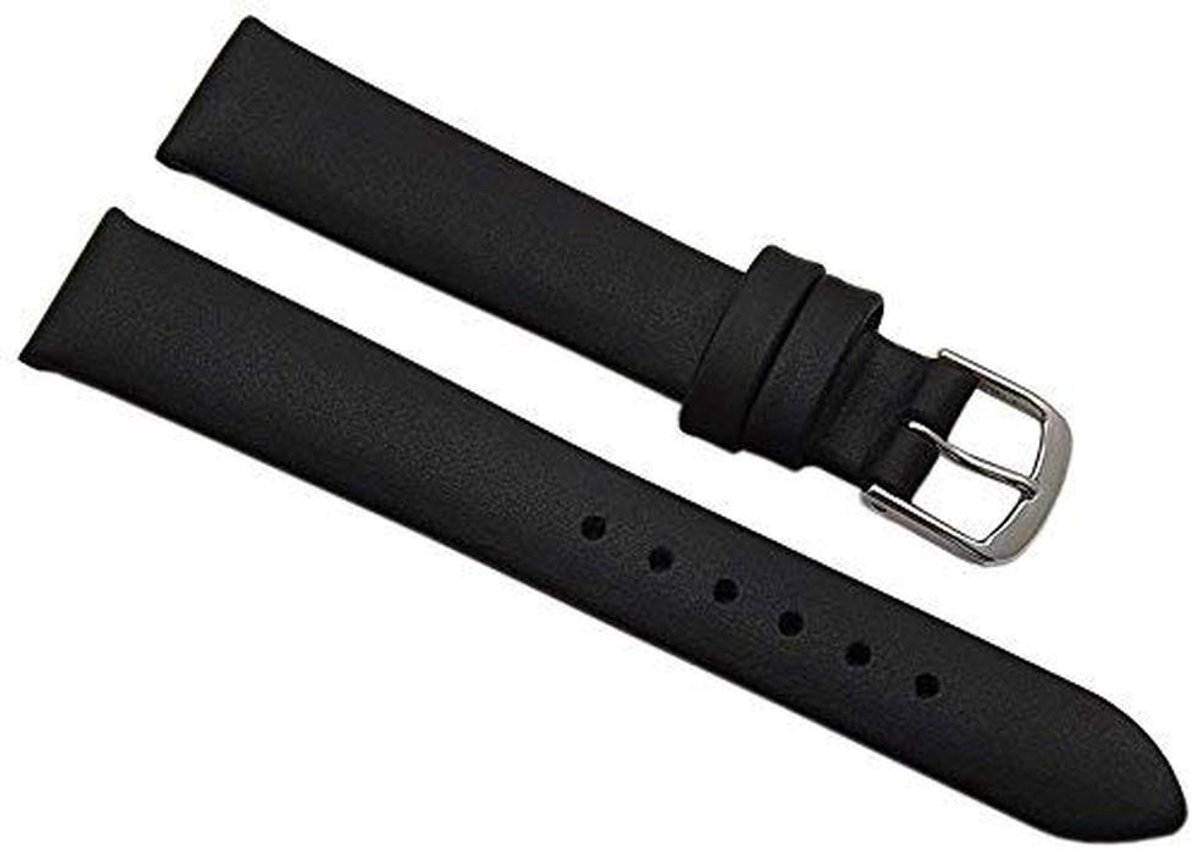 Zwarte 14 mm kalfsleer horlogeband met zilverkleurige gesp