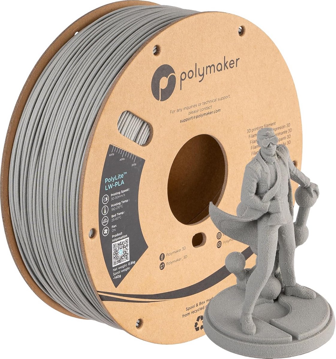 Lichtgewicht PLA Filament 1.75mm 800g Grijs - Voorschaumd