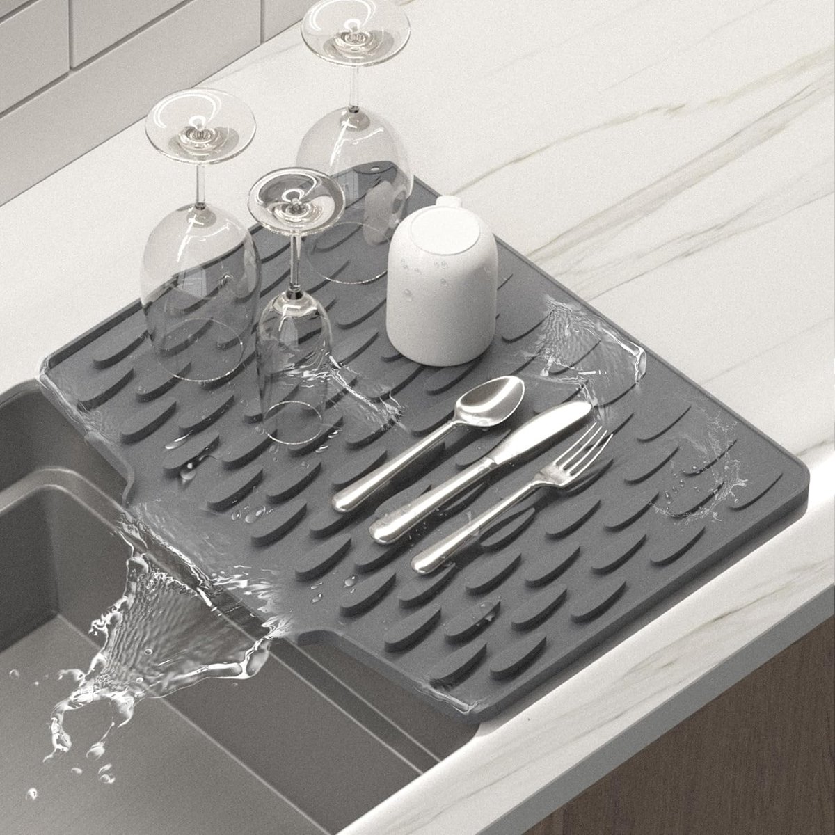 Siliconen Afdruipmat I Geschikt Voor Keukenbladen of Gootstenen Met Geïntegreerde Afvoerribbels Antislip, Sneldrogend Oppervlak Gemakkelijk Schoon Te Maken Hittebestendige Afdruipmat Grijs 40 × 33 cm