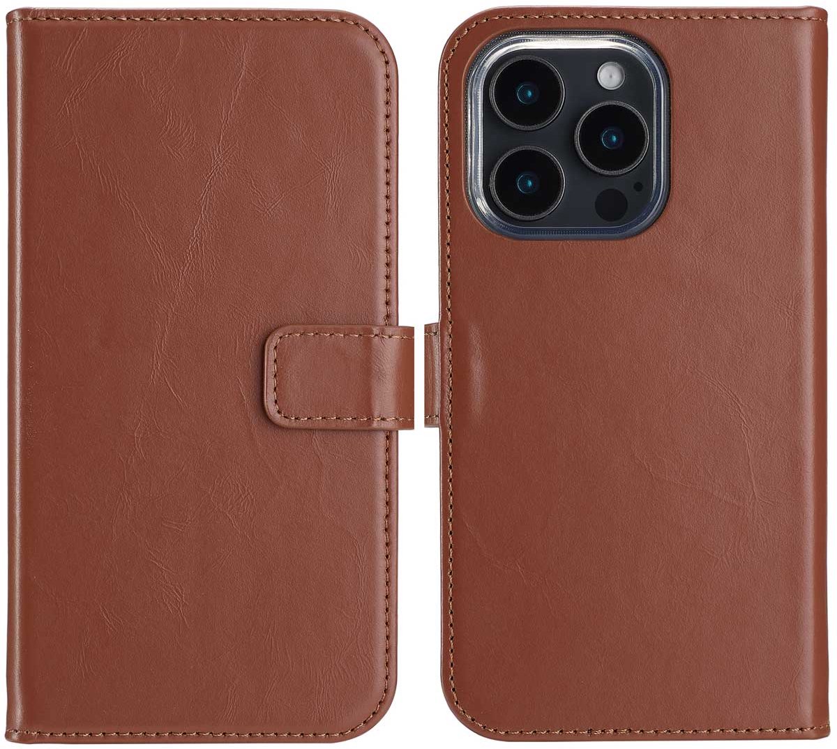 Selencia Hoesje - Geschikt voor Apple iPhone 16 Pro - Echt Lederen Bookcase - Lichtbruin