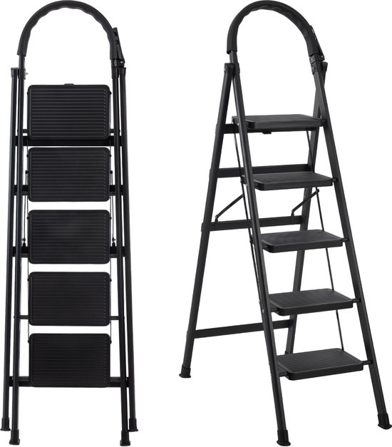 Zwarte opvouwbare ladder, getoond in zowel gesloten als open toestand, tegen een witte achtergrond.