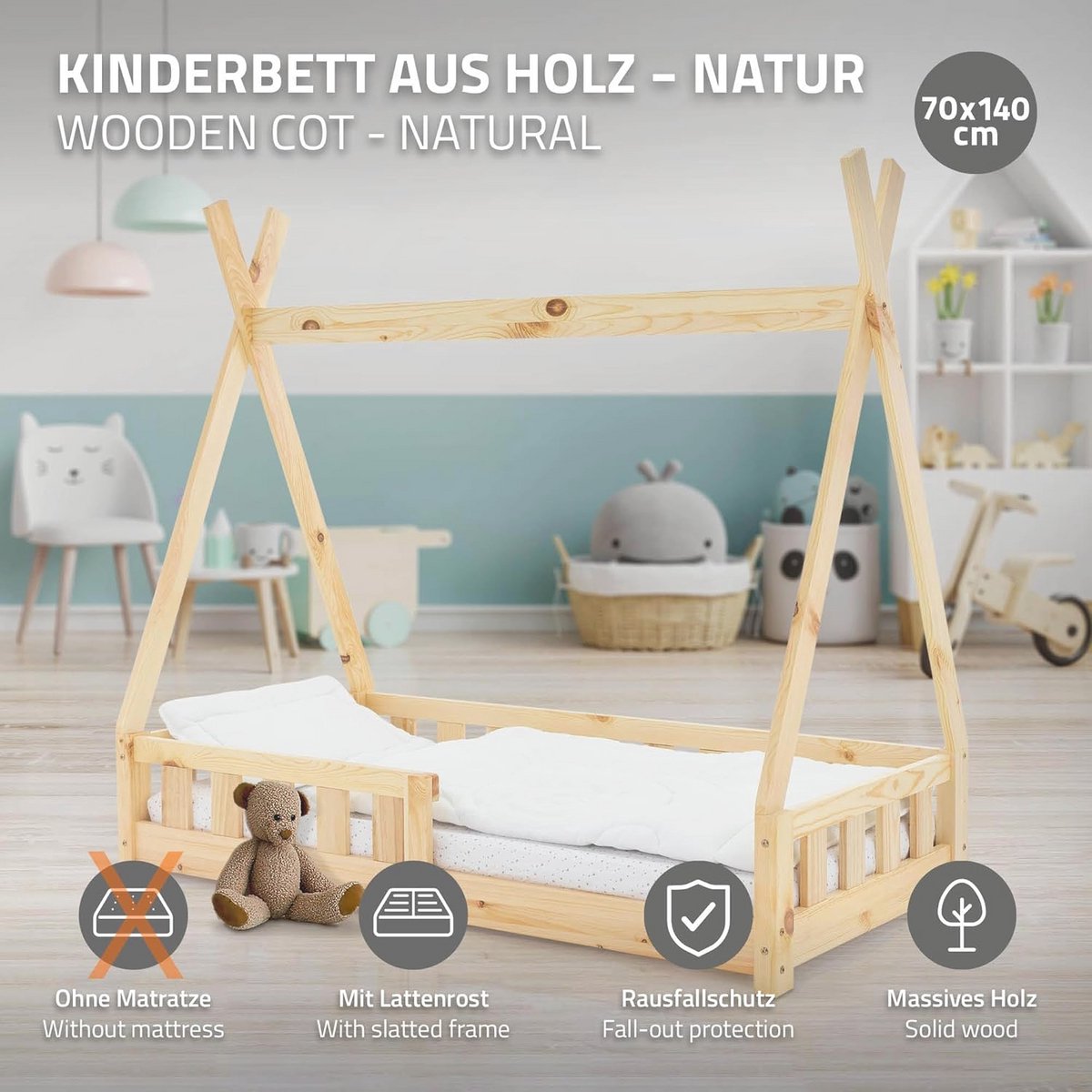Kinderbed Tipi met uitvalbeveiliging en lattenbodem - 70x140 cm