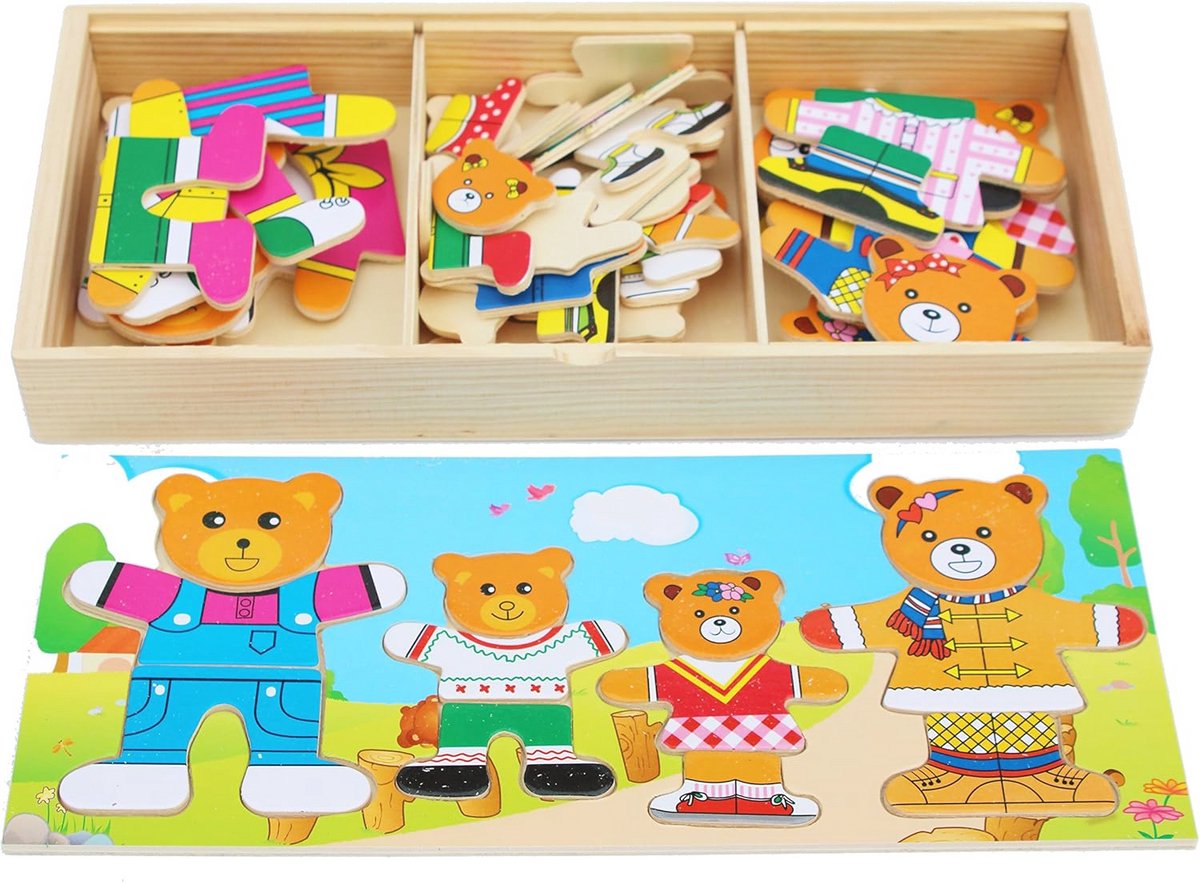 TOWO Houten Bear Family aankleden Puzzle Box - sorteren en bijpassende puzzel - Houten sorteren Toys 3 jaar oud - Houten Puzzel voor 3 jaar oude meisjes
