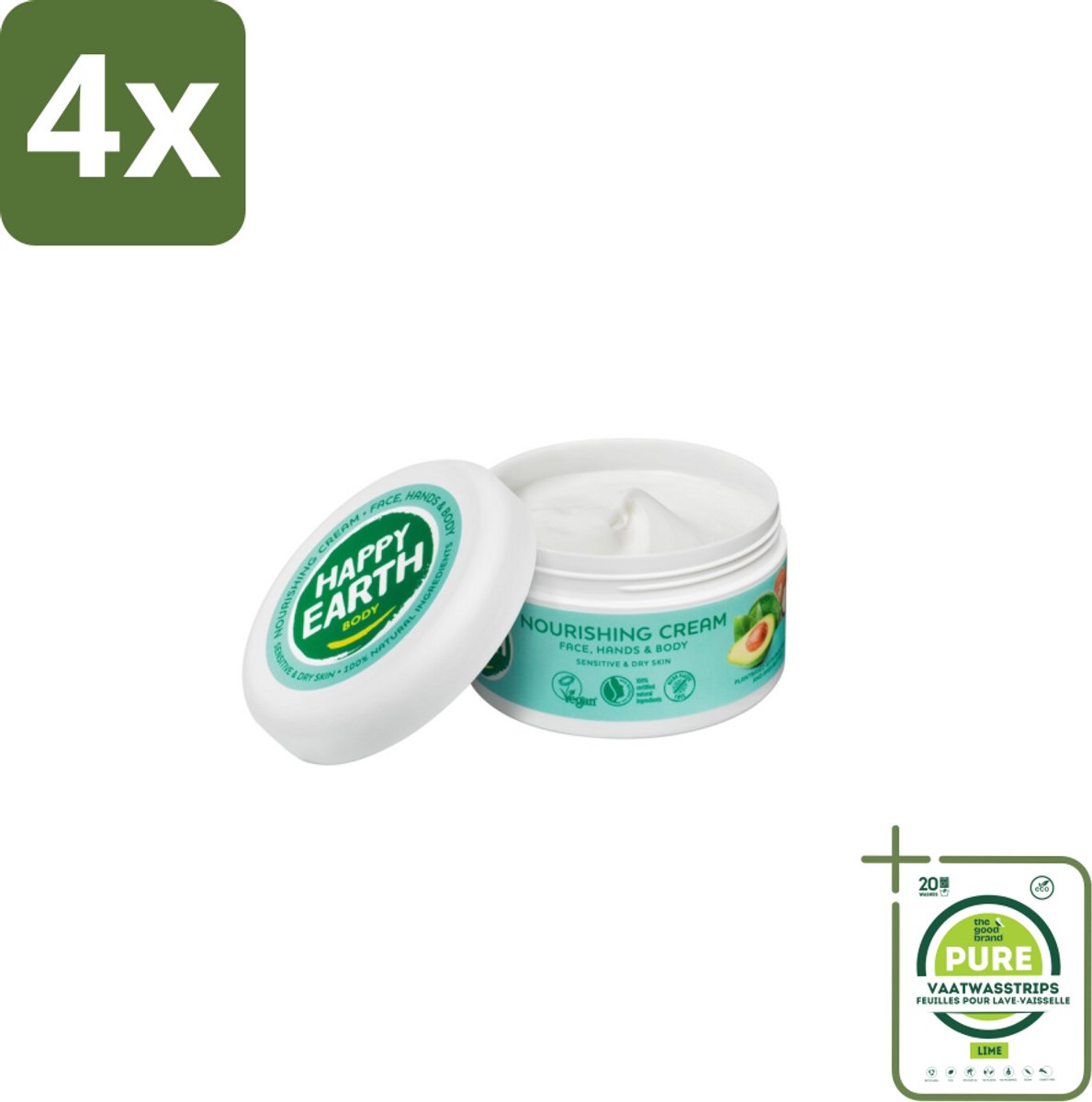 Happy Earth – Voedende Crème – 100% Natuurlijk – 200 ml - Voordeelverpakking - 4 stuks - Natuurlijke crème - Droge huid verzorging