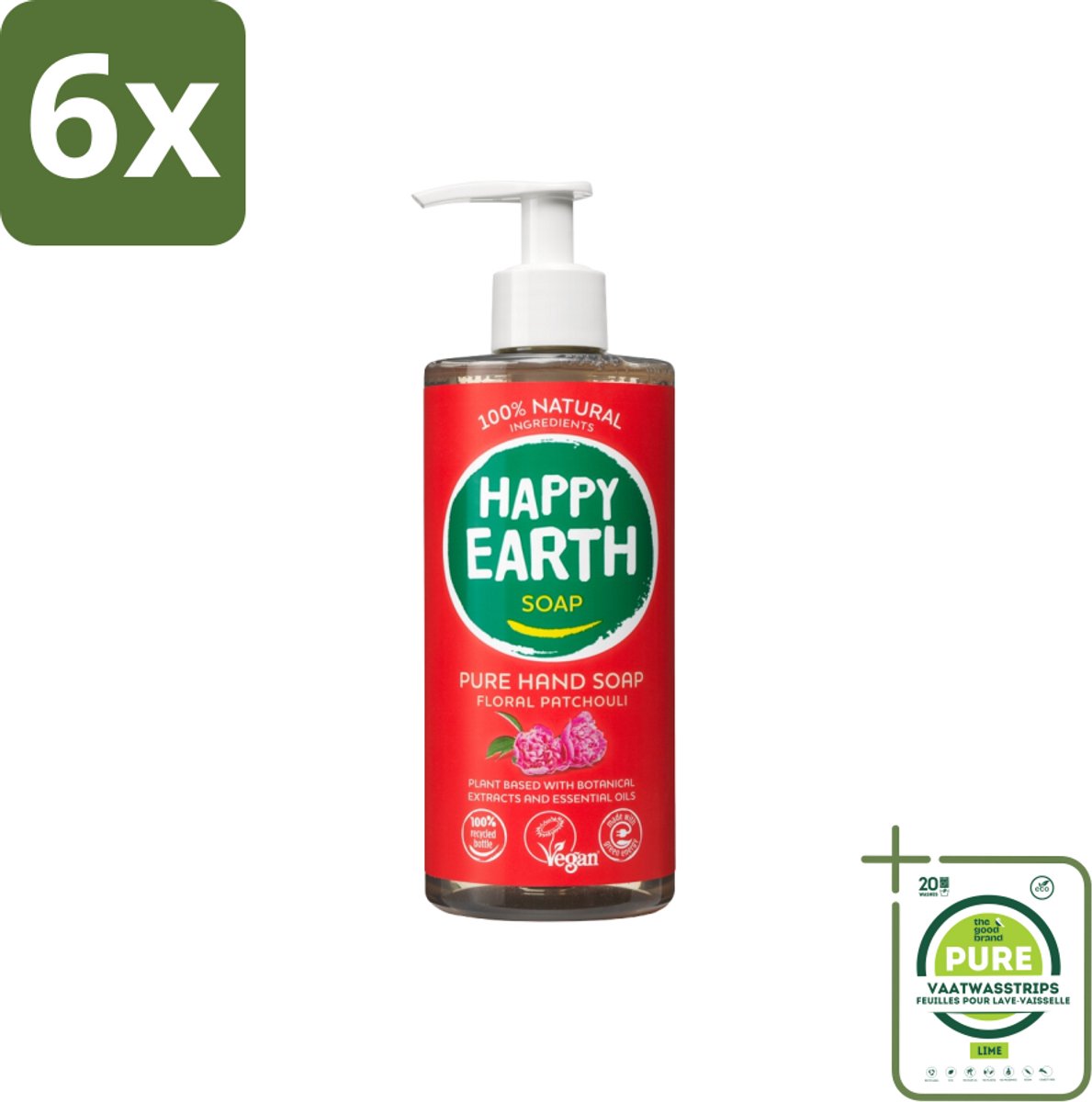 Happy Earth – Handzeep – 100% Natuurlijk Floral Patchouli – 300 ml - Voordeelverpakking - 6 stuks - Natuurlijke handzeep - Vegan handzeep