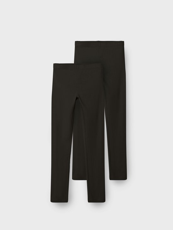 Twee donkerbruine meisjesleggings, beide met elastische tailleband.