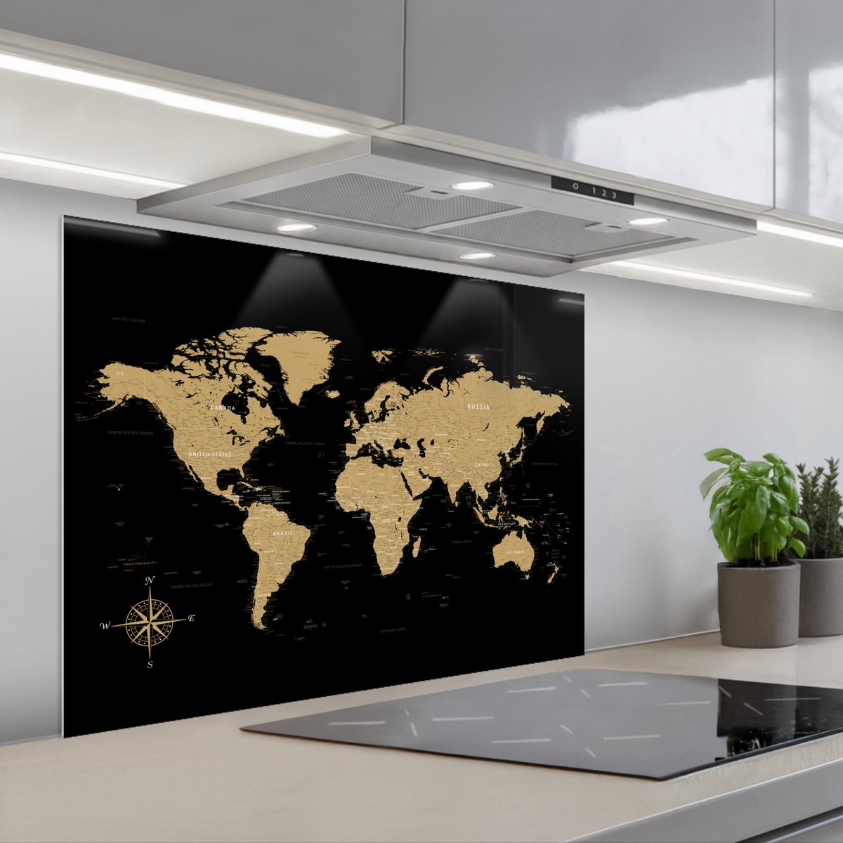 Spatscherm 90x70 cm - Zelfklevende achterwand Wereldkaart - Beige - Zwart - Keuken muurbeschermer - Spatwand fornuis
