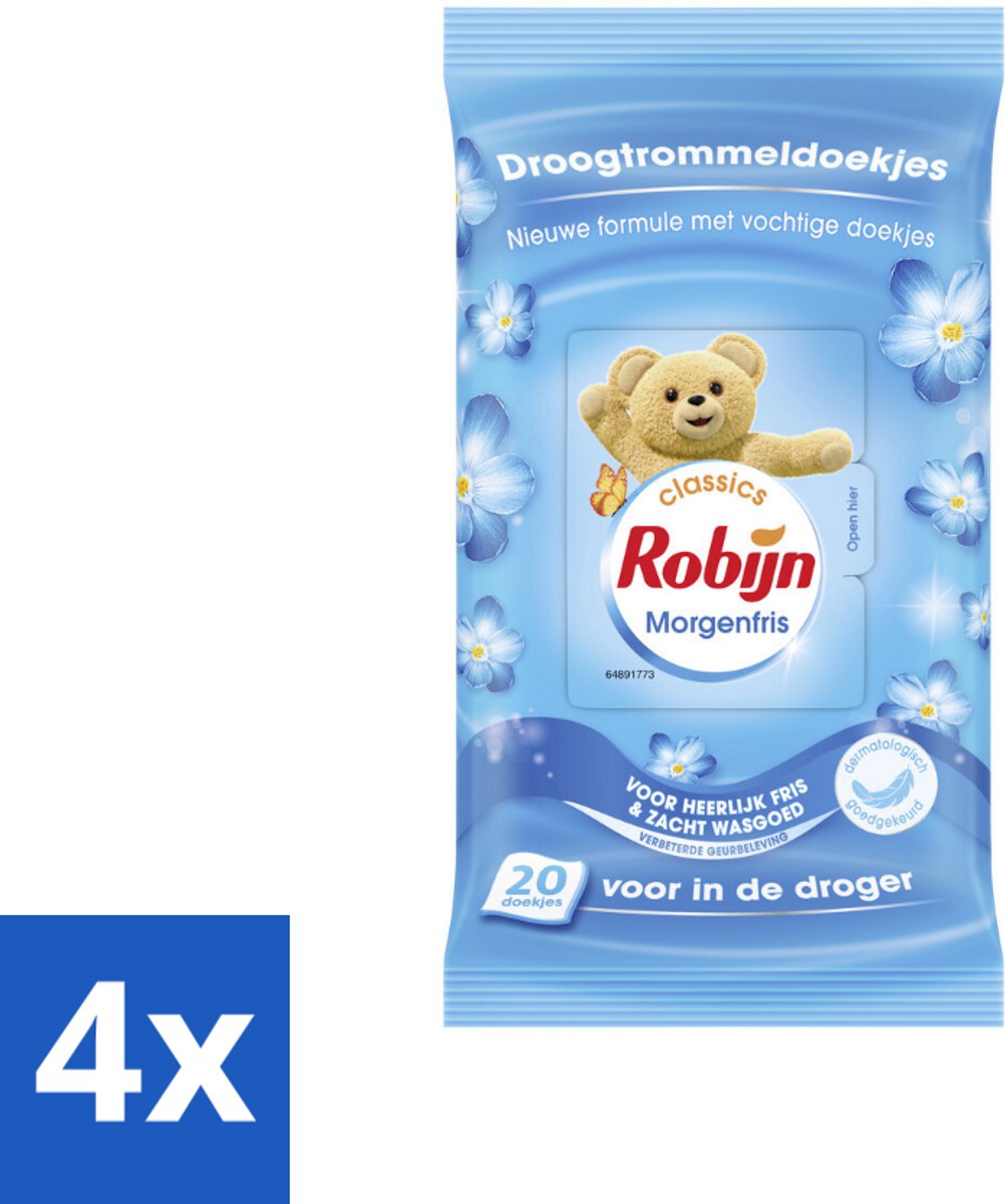 4 x Robijn - Morgenfris - Droogtrommeldoekjes - 20 Doekjes - Droogtrommeldoekjes - Wasdroger - Frisse Geur - Zachte Kleding - Kreukvrij
