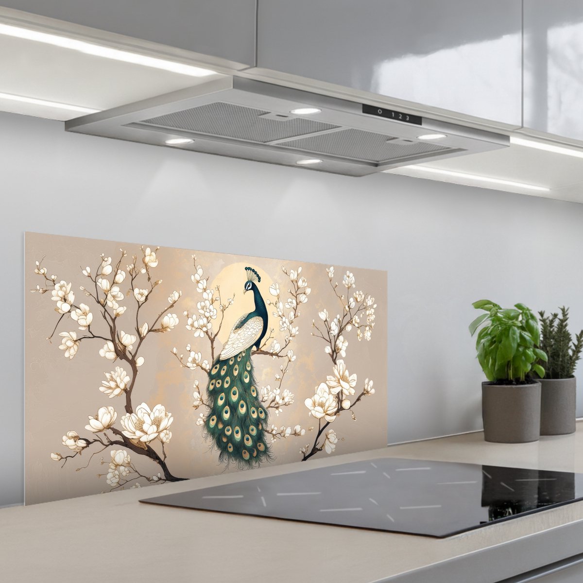 Spatscherm 80x40 cm - Zelfklevende achterwand Pauw - Tak - Bloemen - Keuken muurbeschermer - Spatwand fornuis