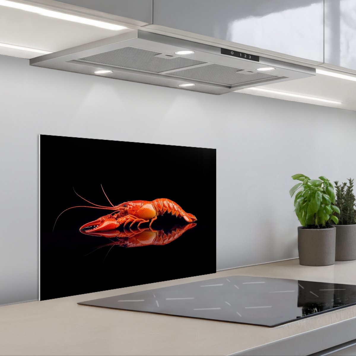 KitchenYeah Spatscherm 60x45 cm Zelfklevende achterwand Kreeft Oranje Zwart Opvallend Keuken muurbeschermer Spatwand fornuis