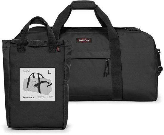 Zwarte Eastpak reistas met een losse zwarte tas ernaast met informatie.