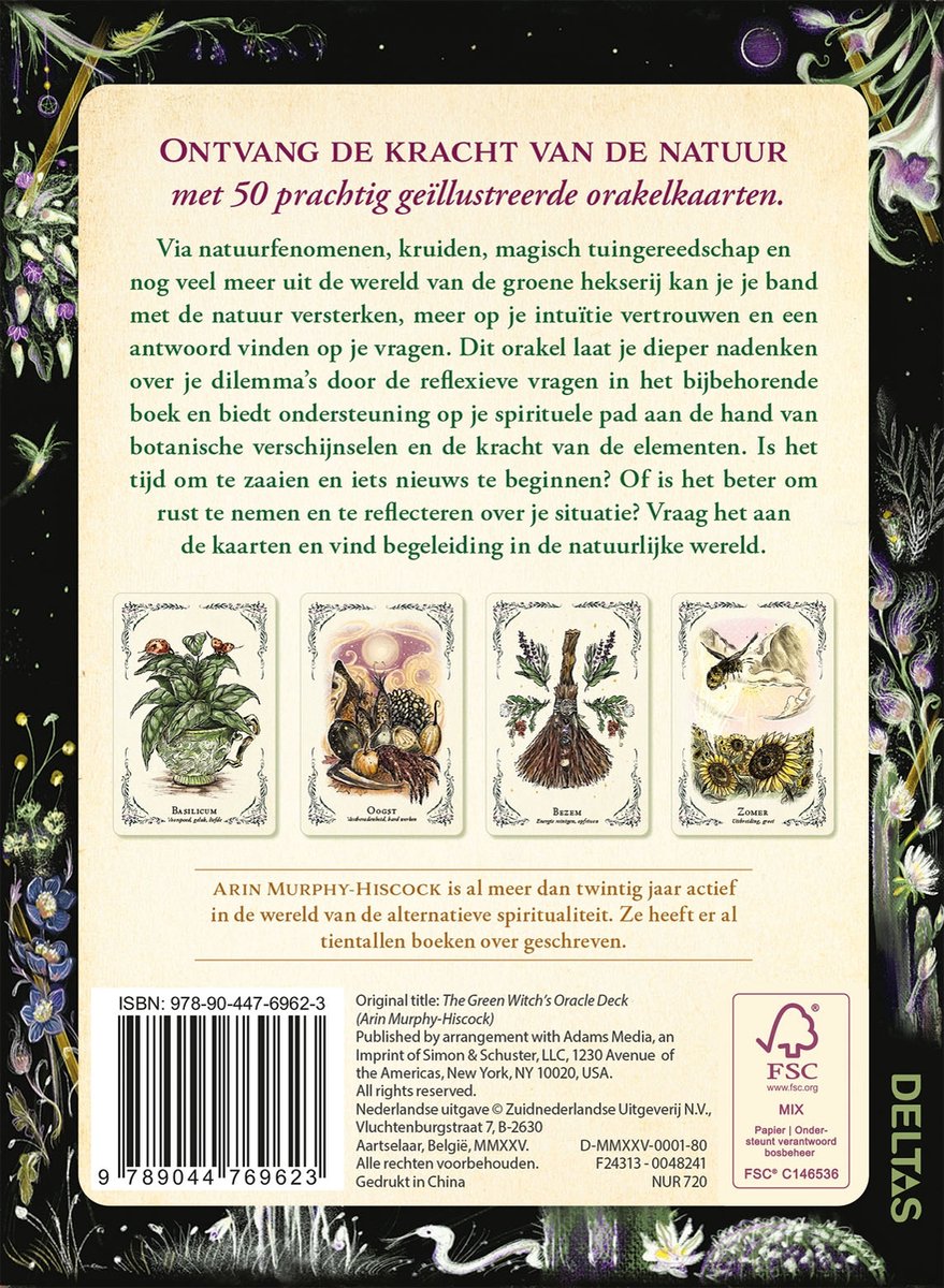 Dos du livre 'De kracht van Natuur-magie' avec du texte et quatre illustrations de cartes oracles : basilic, récolte, balai et été.
