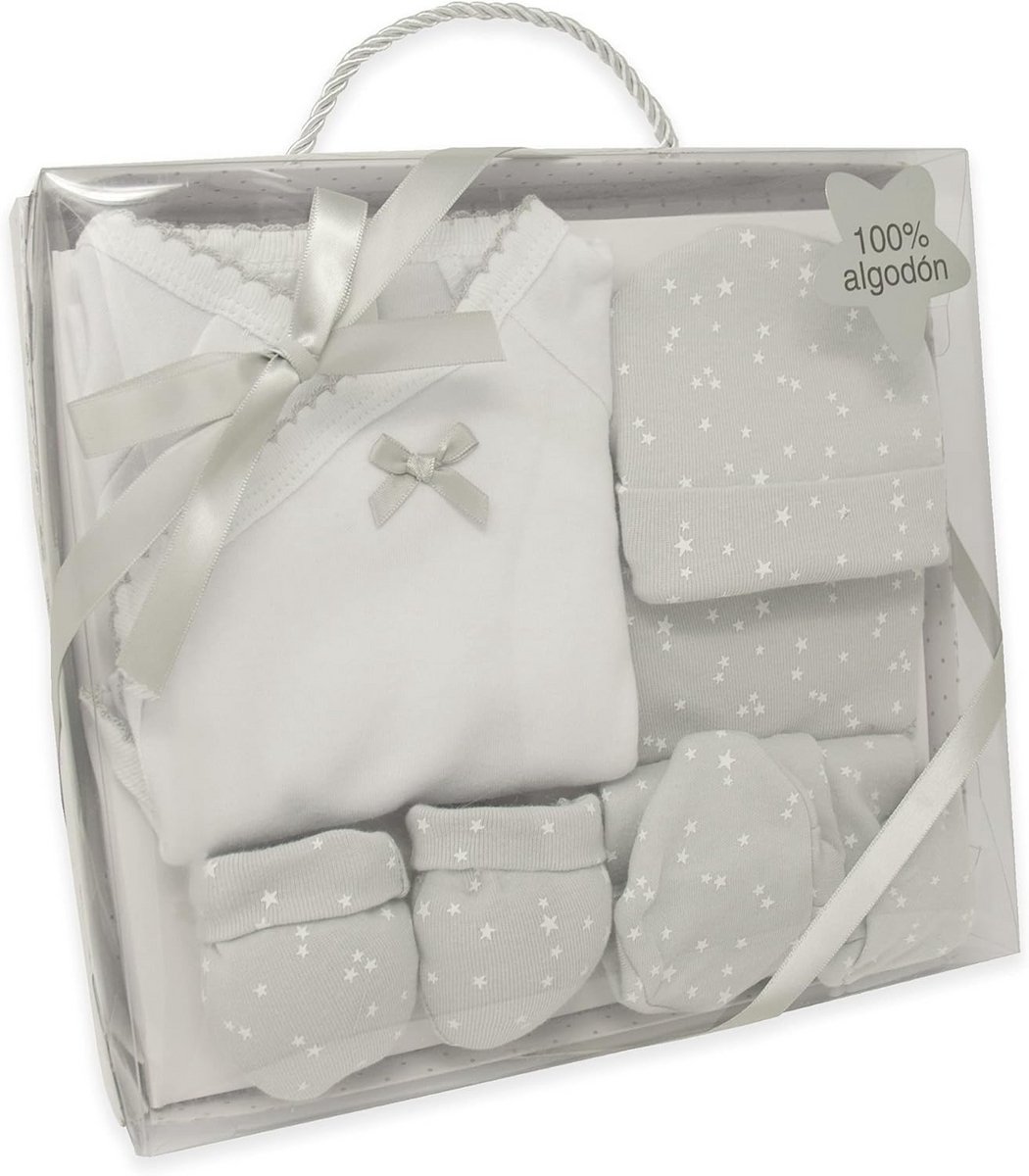 5-delige cadeauset voor pasgeborenen - jas, beenkappen, muts, slabbetjes en wanten in 100% katoen, grijs