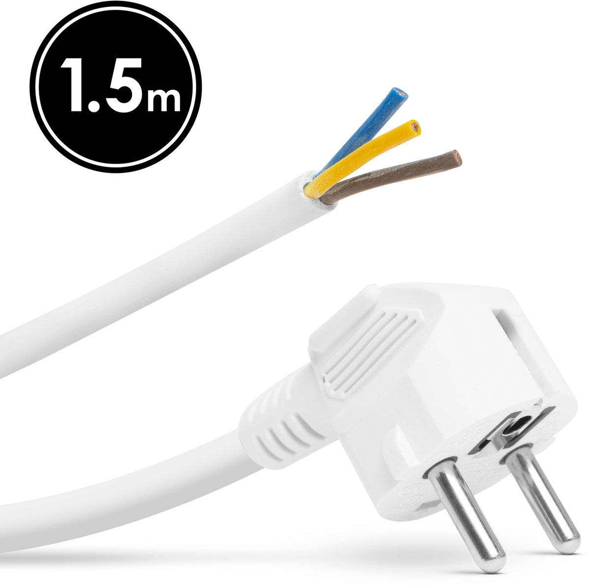 Haakse Stekker Met 1,5 Meter Kabel Wit – Montagebare Netstekker Met Aarde – Losse Stekker 230V 16A – H05VV-F 3G 1,5 Mm² Voedingskabel Voor Binnengebruik [05941A]
