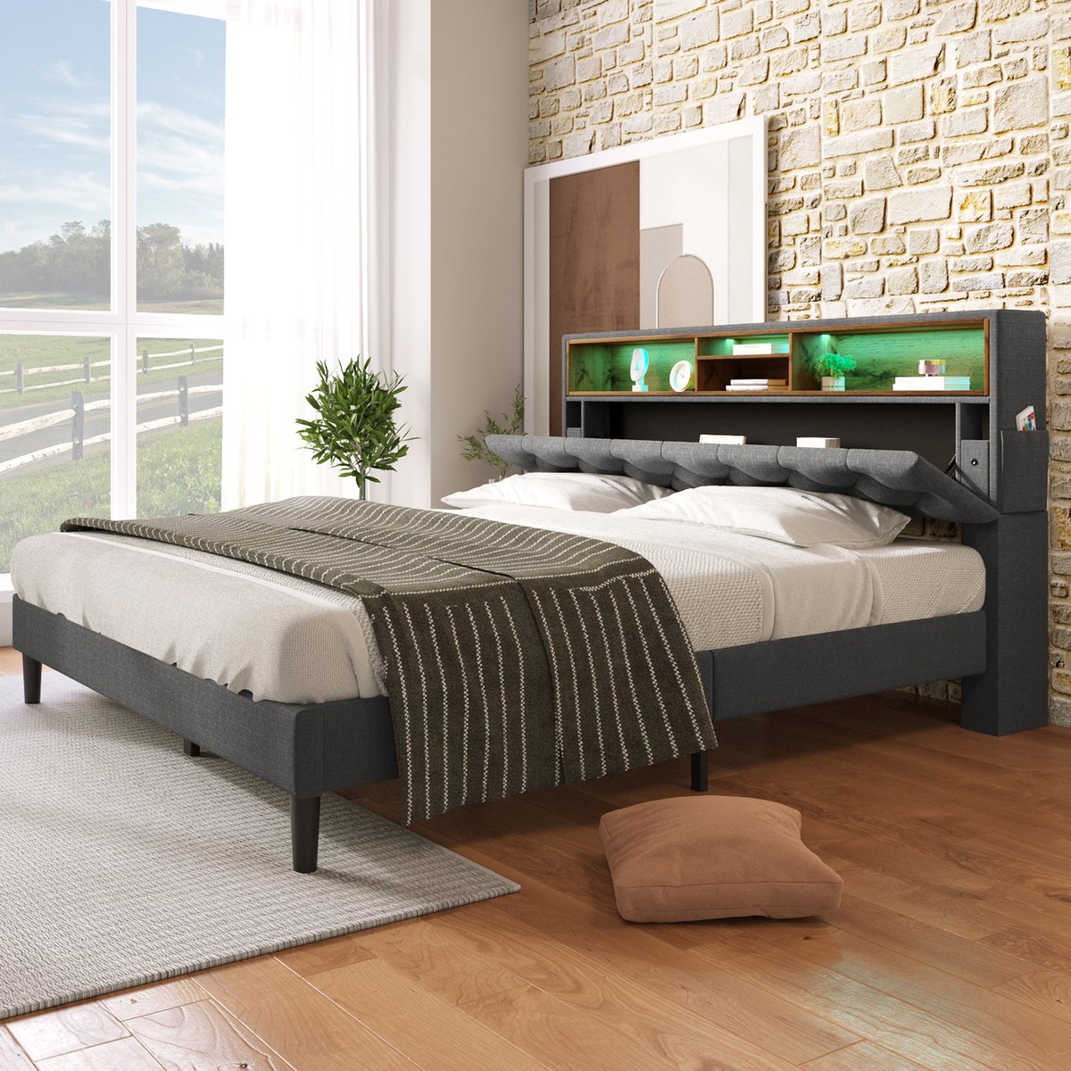 STILVORA Gestoffeerd bed 140x200 cm – Tweepersoonsbed met LED-sfeerverlichting & Opberghoofdbord – Massief Hout – Zonder matras – Grijs